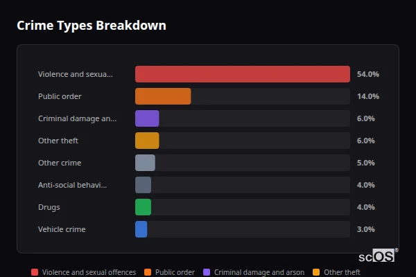 Crime Types Breakdown for Hendreforgan - showing Violence and sexual offences (54%), Public order (14%), Criminal damage and arson (6%)