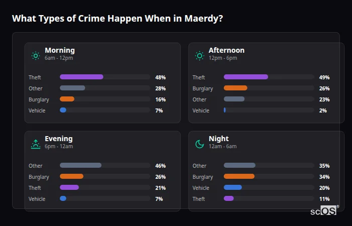 Crime types by time period for Maerdy - showing breakdown of burglary, violence, theft, and vehicle crime by morning, afternoon, evening, and night