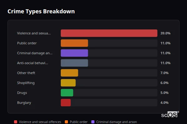 Crime Types Breakdown for Pontyclun - showing Violence and sexual offences (39%), Public order (11%), Criminal damage and arson (11%)