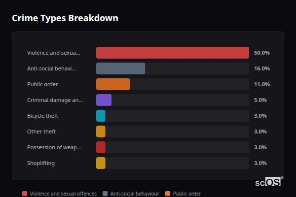 Crime Types Breakdown for Chipping - showing Violence and sexual offences (50%), Anti-social behaviour (16%), Public order (11%)