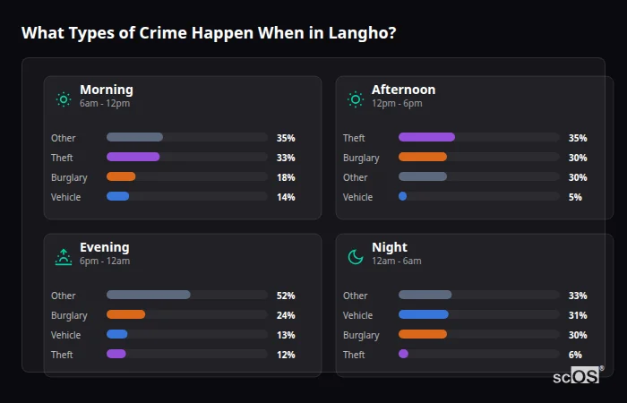 Crime types by time period for Langho - showing breakdown of burglary, violence, theft, and vehicle crime by morning, afternoon, evening, and night
