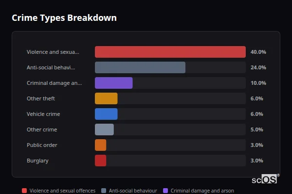 Crime Types Breakdown - Ribchester Crime Types Breakdown for Ribchester - showing Violence and sexual offences (40%), Anti-social behaviour (24%), Criminal damage and arson (10%)
