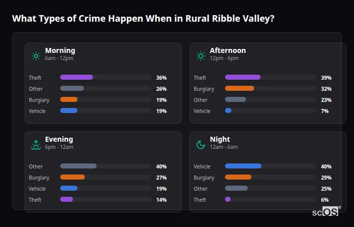 Crime types by time period for Rural Ribble Valley - showing breakdown of burglary, violence, theft, and vehicle crime by morning, afternoon, evening, and night