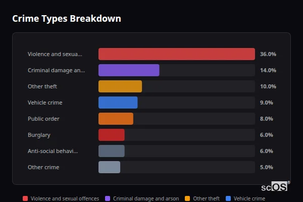Crime Types Breakdown - Ashingdon Crime Types Breakdown for Ashingdon - showing Violence and sexual offences (36%), Criminal damage and arson (14%), Other theft (10%)