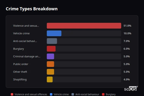 Crime Types Breakdown for Hullbridge - showing Violence and sexual offences (51%), Vehicle crime (10%), Anti-social behaviour (7%)