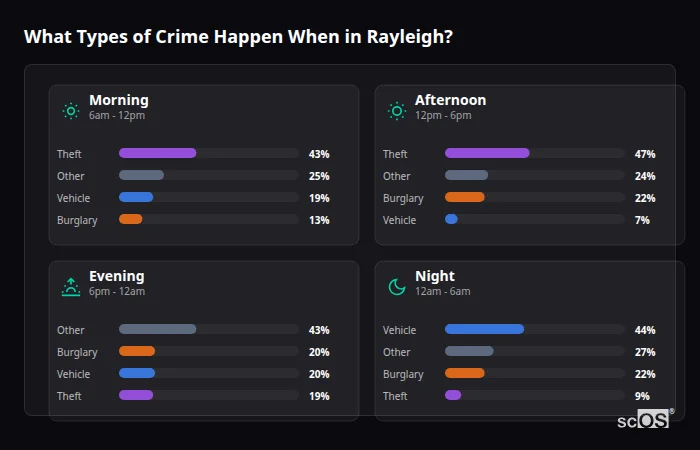 Crime types by time period for Rayleigh - showing breakdown of burglary, violence, theft, and vehicle crime by morning, afternoon, evening, and night