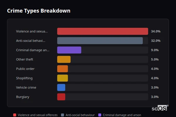 Crime Types Breakdown for Bacup - showing Violence and sexual offences (34%), Anti-social behaviour (32%), Criminal damage and arson (9%)