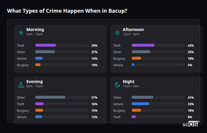 Crime types by time period for Bacup - showing breakdown of burglary, violence, theft, and vehicle crime by morning, afternoon, evening, and night