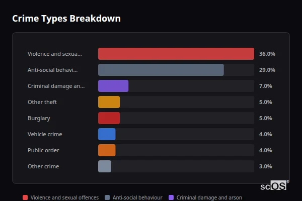 Crime Types Breakdown - Haslingden Crime Types Breakdown for Haslingden - showing Violence and sexual offences (36%), Anti-social behaviour (29%), Criminal damage and arson (7%)