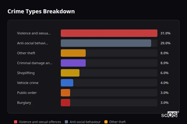 Crime Types Breakdown - Rural Rossendale Crime Types Breakdown for Rural Rossendale - showing Violence and sexual offences (31%), Anti-social behaviour (29%), Other theft (8%)