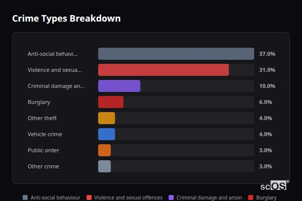 Crime Types Breakdown - Weir Crime Types Breakdown for Weir - showing Anti-social behaviour (37%), Violence and sexual offences (31%), Criminal damage and arson (10%)