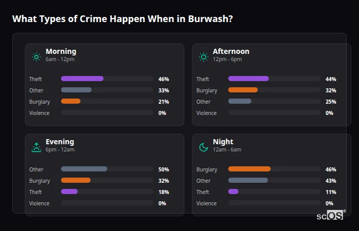 Crime types by time period for Burwash - showing breakdown of burglary, violence, theft, and vehicle crime by morning, afternoon, evening, and night