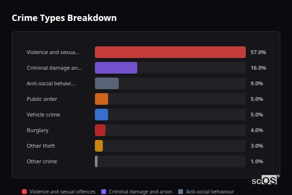 Crime Types Breakdown - Crowhurst Crime Types Breakdown for Crowhurst - showing Violence and sexual offences (57%), Criminal damage and arson (16%), Anti-social behaviour (9%)
