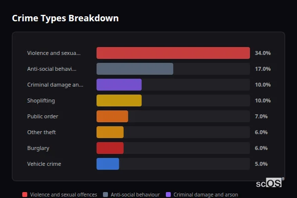 Crime Types Breakdown - Rural Rother Crime Types Breakdown for Rural Rother - showing Violence and sexual offences (34%), Anti-social behaviour (17%), Criminal damage and arson (10%)