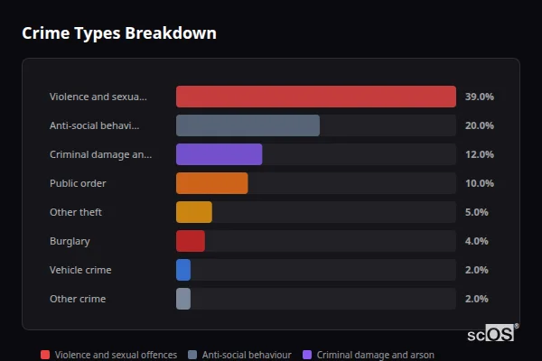 Crime Types Breakdown for Rye - showing Violence and sexual offences (39%), Anti-social behaviour (20%), Criminal damage and arson (12%)