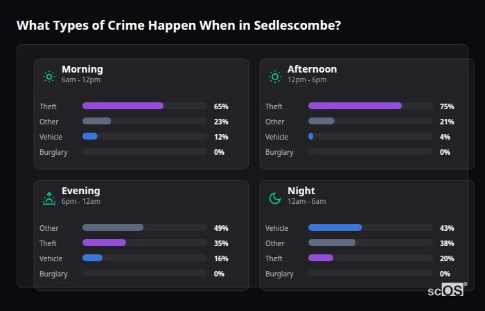 What Types of Crime Happen When in Sedlescombe? Crime types by time period for Sedlescombe - showing breakdown of burglary, violence, theft, and vehicle crime by morning, afternoon, evening, and night
