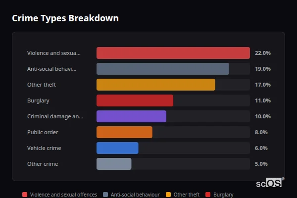 Crime Types Breakdown for Staplecross - showing Violence and sexual offences (22%), Anti-social behaviour (19%), Other theft (17%)