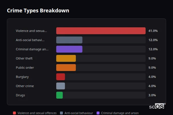 Crime Types Breakdown - Ticehurst Crime Types Breakdown for Ticehurst - showing Violence and sexual offences (41%), Anti-social behaviour (12%), Criminal damage and arson (12%)