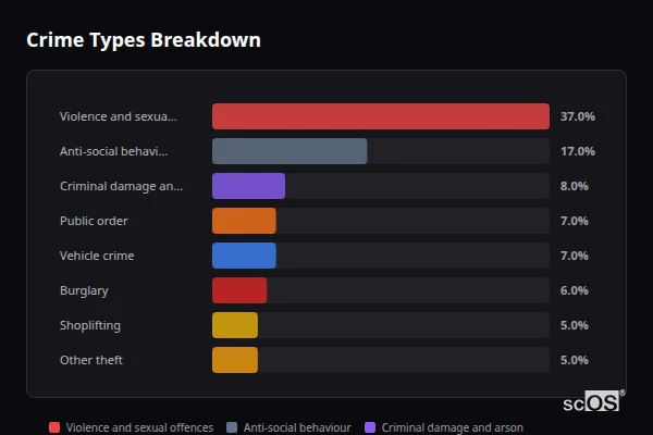 Crime Types Breakdown for Maltby - showing Violence and sexual offences (37%), Anti-social behaviour (17%), Criminal damage and arson (8%)