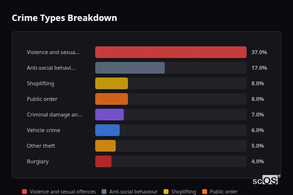 Crime Types Breakdown for Rotherham - showing Violence and sexual offences (37%), Anti-social behaviour (15%), Shoplifting (10%)