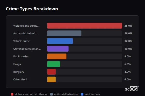 Crime Types Breakdown for South Anston - showing Violence and sexual offences (35%), Anti-social behaviour (16%), Vehicle crime (12%)