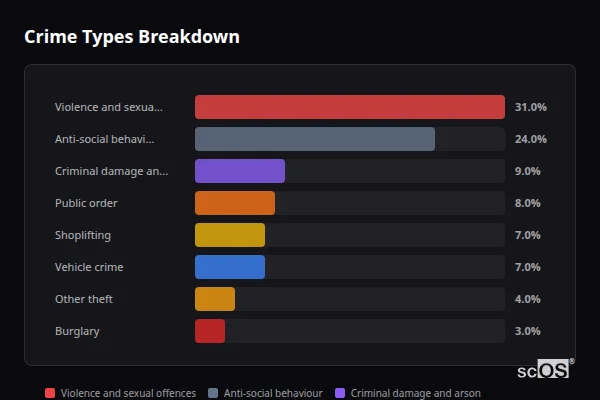Crime Types Breakdown for Swallownest and Aston - showing Violence and sexual offences (31%), Anti-social behaviour (24%), Criminal damage and arson (9%)