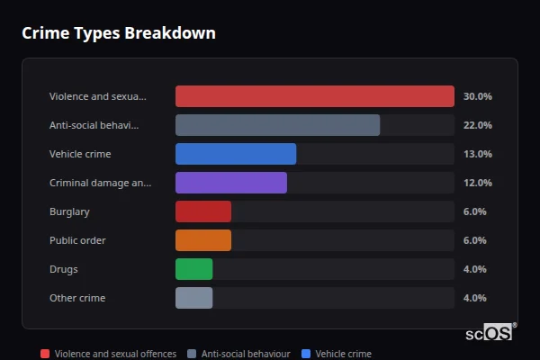 Crime Types Breakdown - Thorpe Hesley Crime Types Breakdown for Thorpe Hesley - showing Violence and sexual offences (30%), Anti-social behaviour (22%), Vehicle crime (13%)