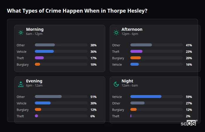 What Types of Crime Happen When in Thorpe Hesley? Crime types by time period for Thorpe Hesley - showing breakdown of burglary, violence, theft, and vehicle crime by morning, afternoon, evening, and night