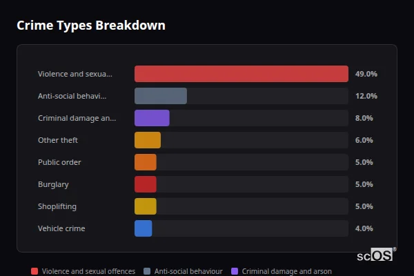 Crime Types Breakdown for Thrybergh and Dalton - showing Violence and sexual offences (49%), Anti-social behaviour (12%), Criminal damage and arson (8%)