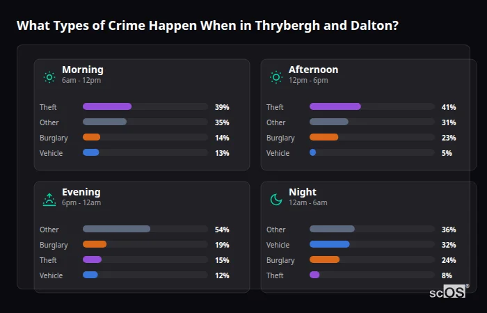 Crime types by time period for Thrybergh and Dalton - showing breakdown of burglary, violence, theft, and vehicle crime by morning, afternoon, evening, and night