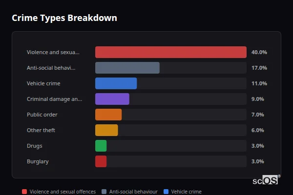 Crime Types Breakdown - Treeton Crime Types Breakdown for Treeton - showing Violence and sexual offences (40%), Anti-social behaviour (17%), Vehicle crime (11%)