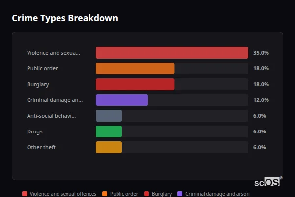 Crime Types Breakdown for Clifton upon Dunsmore - showing Violence and sexual offences (35%), Public order (18%), Burglary (18%)