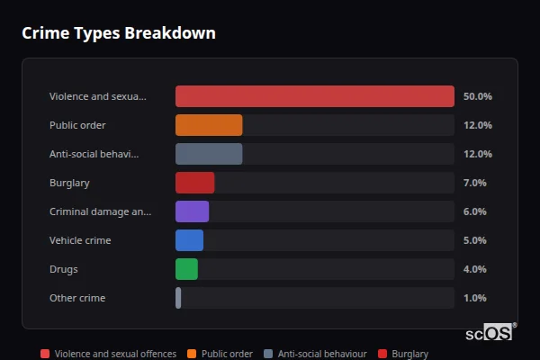 Crime Types Breakdown for Dunchurch - showing Violence and sexual offences (50%), Public order (12%), Anti-social behaviour (12%)