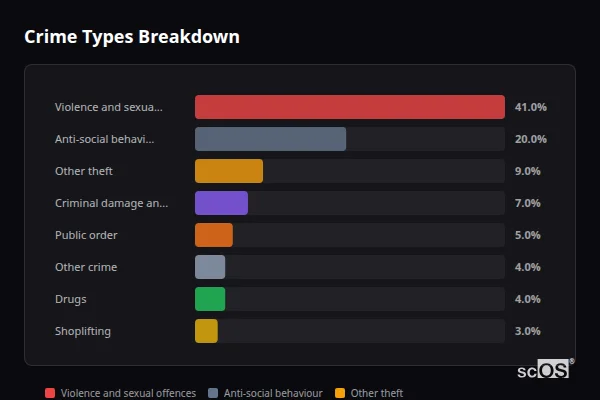 Crime Types Breakdown for Long Lawford - showing Violence and sexual offences (41%), Anti-social behaviour (20%), Other theft (9%)
