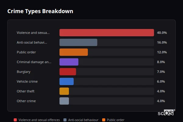 Crime Types Breakdown - Wolston Crime Types Breakdown for Wolston - showing Violence and sexual offences (40%), Anti-social behaviour (16%), Public order (12%)