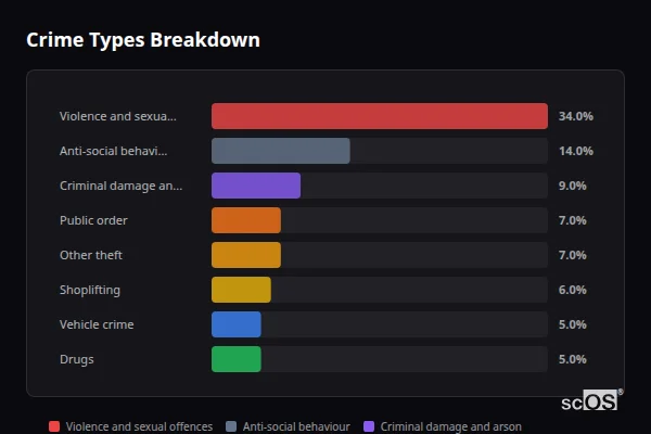 Crime Types Breakdown for Bingham - showing Violence and sexual offences (34%), Anti-social behaviour (14%), Criminal damage and arson (9%)