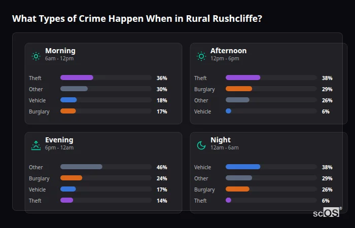 Crime types by time period for Rural Rushcliffe - showing breakdown of burglary, violence, theft, and vehicle crime by morning, afternoon, evening, and night