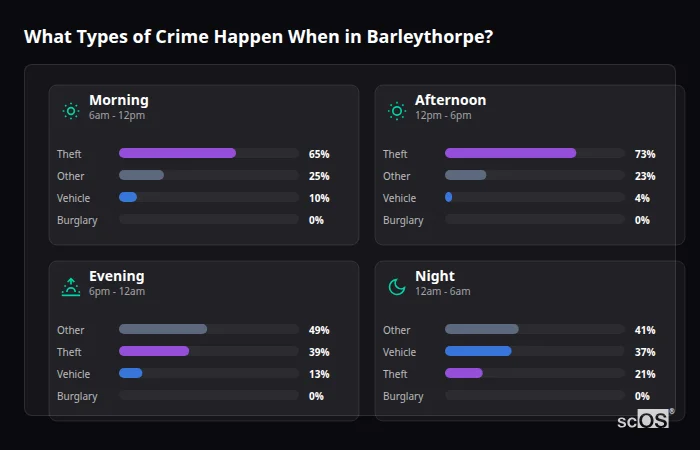 Crime types by time period for Barleythorpe - showing breakdown of burglary, violence, theft, and vehicle crime by morning, afternoon, evening, and night