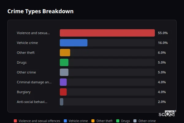 Crime Types Breakdown - Empingham Crime Types Breakdown for Empingham - showing Violence and sexual offences (55%), Vehicle crime (16%), Other theft (6%)