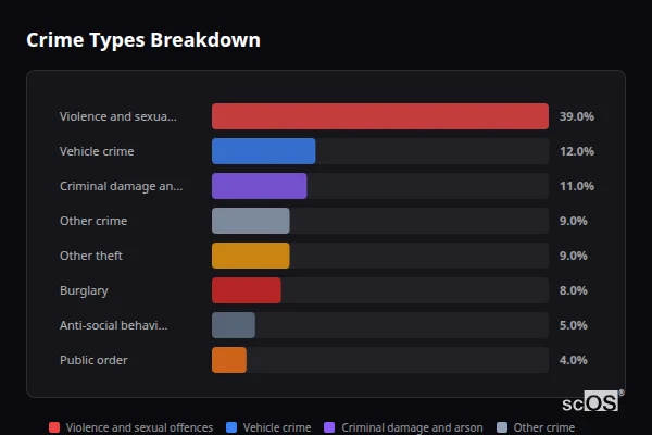 Crime Types Breakdown for Rural Rutland - showing Violence and sexual offences (39%), Vehicle crime (12%), Criminal damage and arson (11%)