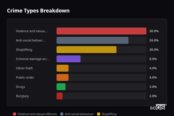 Crime Types Breakdown for Malton - showing Violence and sexual offences (30%), Anti-social behaviour (24%), Shoplifting (20%)