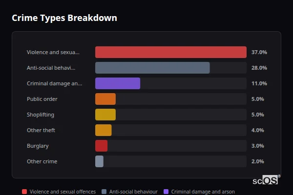 Crime Types Breakdown for Pickering - showing Violence and sexual offences (37%), Anti-social behaviour (28%), Criminal damage and arson (11%)