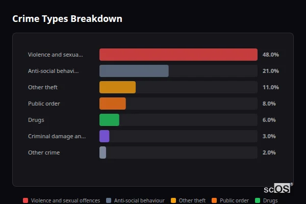 Crime Types Breakdown for Rillington - showing Violence and sexual offences (48%), Anti-social behaviour (21%), Other theft (11%)