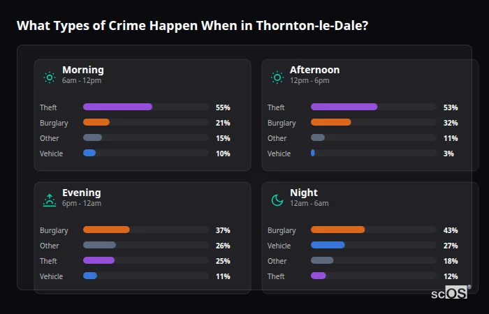 Crime types by time period for Thornton-le-Dale - showing breakdown of burglary, violence, theft, and vehicle crime by morning, afternoon, evening, and night