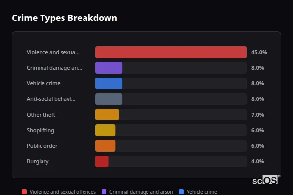 Crime Types Breakdown for Cradley Heath - showing Violence and sexual offences (45%), Criminal damage and arson (8%), Vehicle crime (8%)