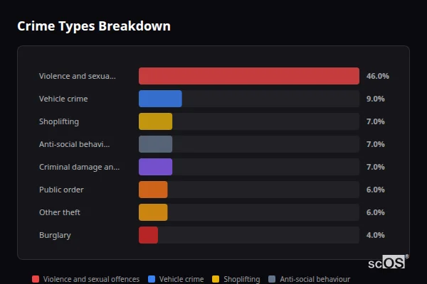 Crime Types Breakdown for Rowley Regis - showing Violence and sexual offences (46%), Vehicle crime (9%), Shoplifting (7%)