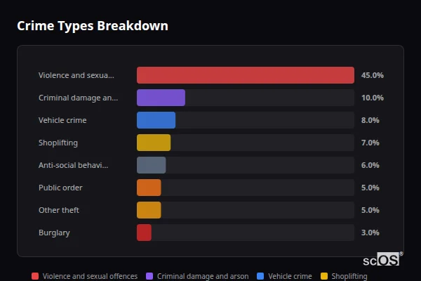 Crime Types Breakdown - Tipton Crime Types Breakdown for Tipton - showing Violence and sexual offences (45%), Criminal damage and arson (10%), Vehicle crime (8%)