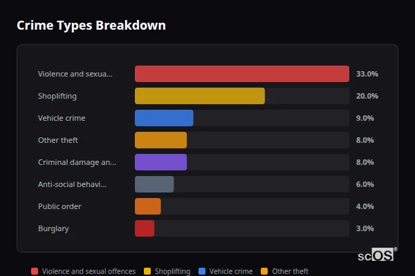 Crime Types Breakdown for Wednesbury - showing Violence and sexual offences (33%), Shoplifting (20%), Vehicle crime (9%)