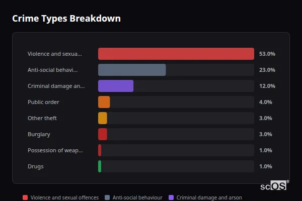 Crime Types Breakdown for Burniston - showing Violence and sexual offences (53%), Anti-social behaviour (23%), Criminal damage and arson (12%)