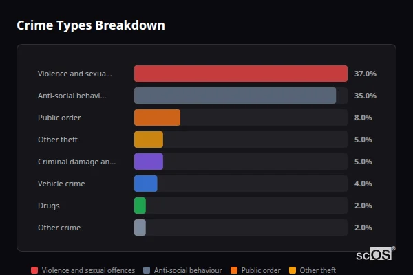 Crime Types Breakdown for Sleights - showing Violence and sexual offences (37%), Anti-social behaviour (35%), Public order (8%)